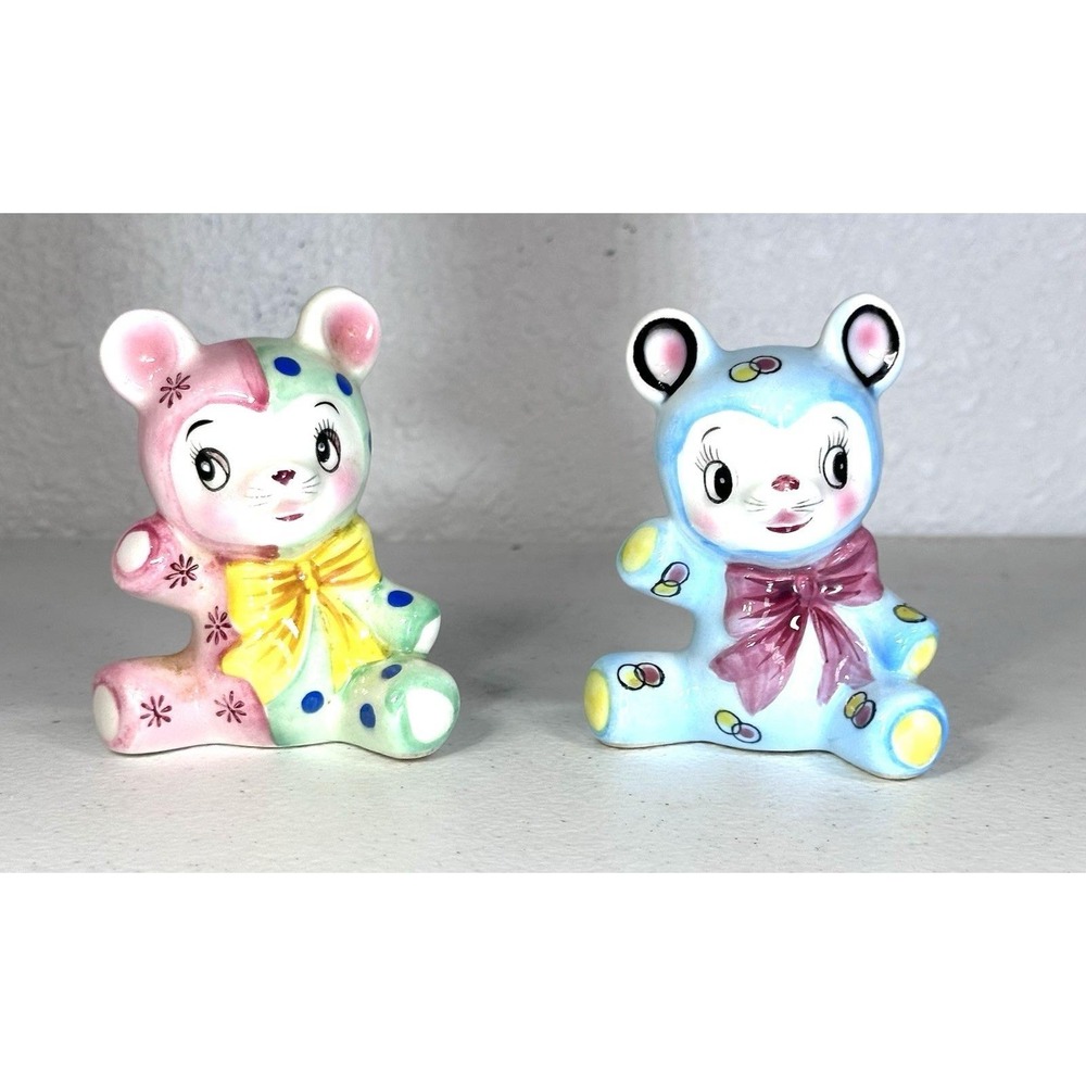 VTG 50s PY Anthropomorphic Teddy Bear Bow Japan Ceramic Salt Pepper Shakers RARE